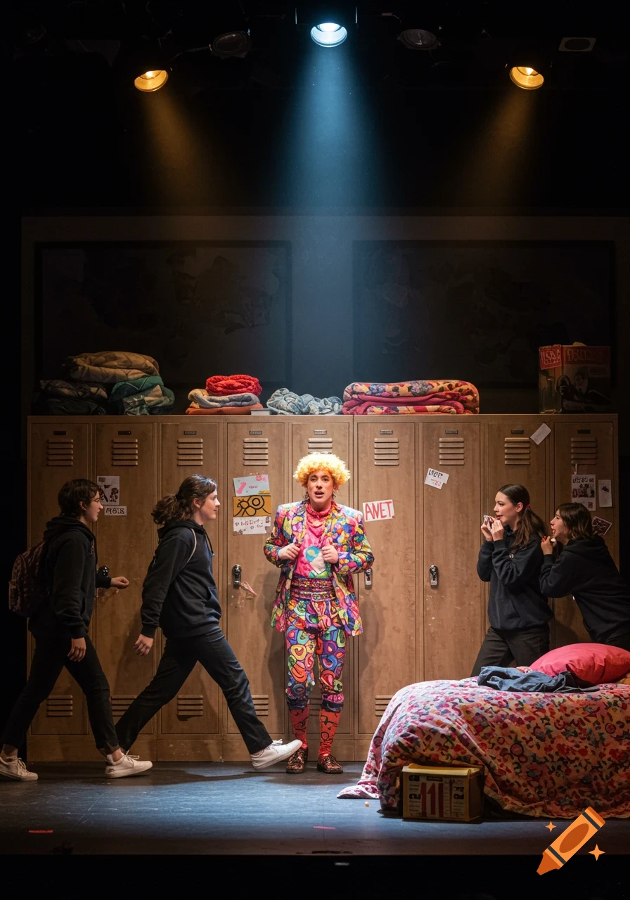 Actors perform a play scene on stage with school lockers, featuring one character in colorful clothes.