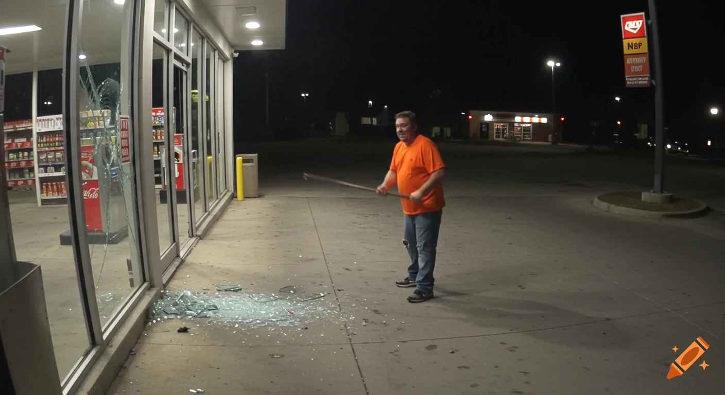 Man holding a bar stands outside a gas station with a broken glass window at night.