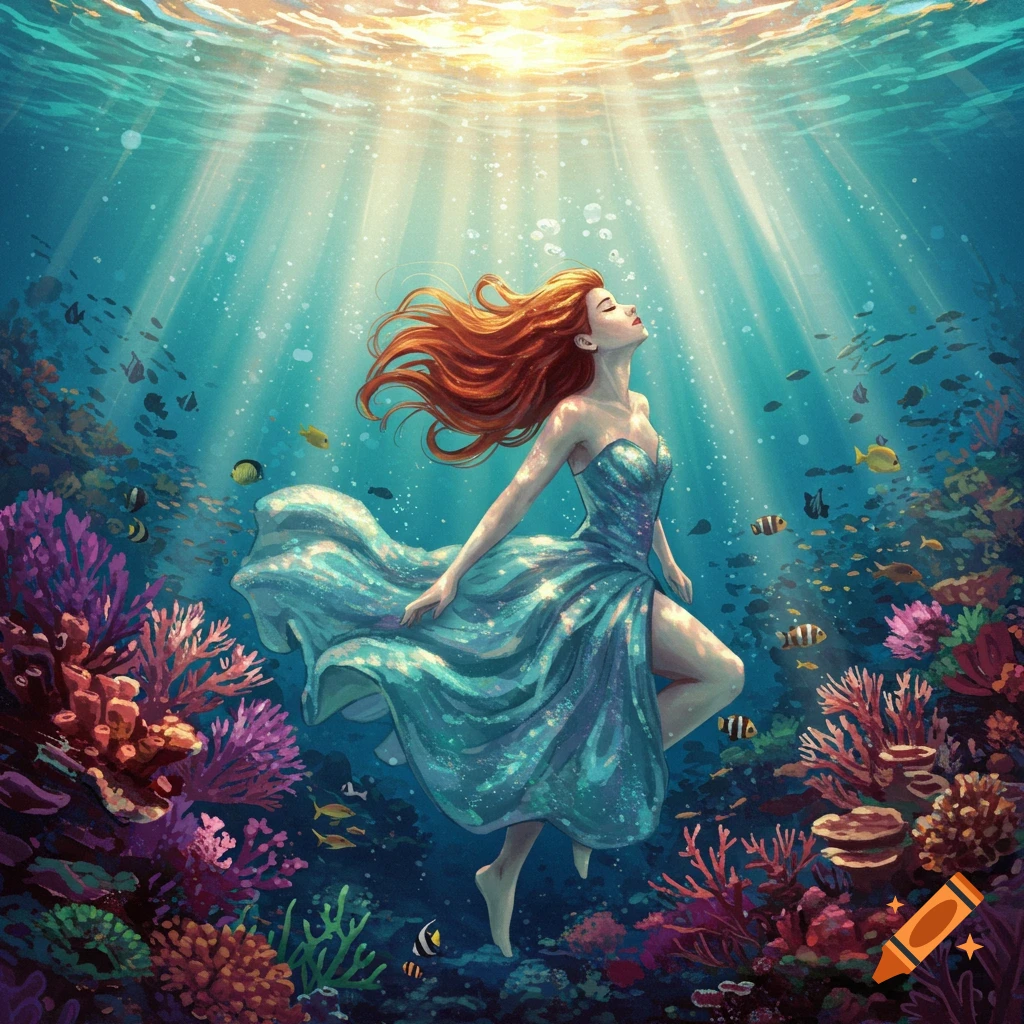 A woman in a sparkling dress floats underwater among coral and fish, with sunbeams from the surface.