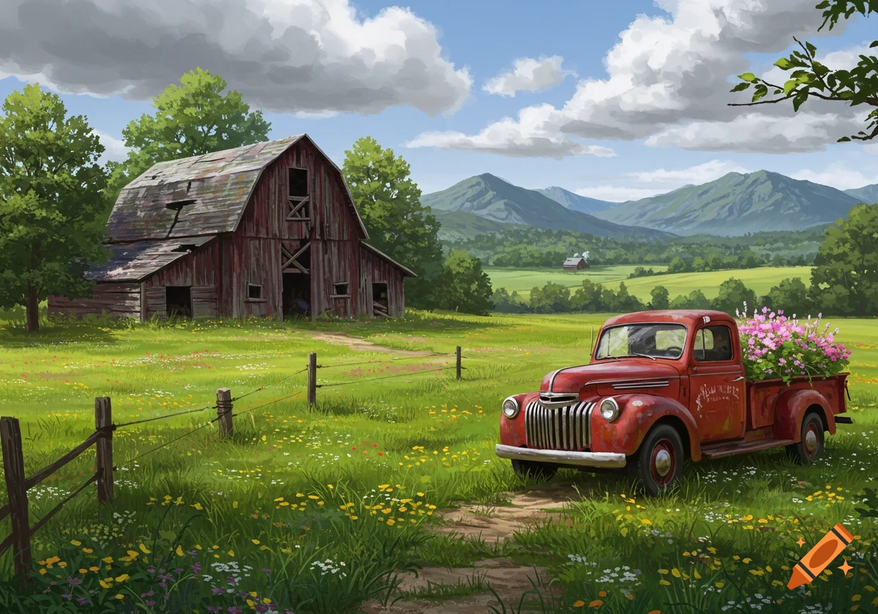 A red farm truck with flowers is parked next to an old barn in a rural landscape with mountains.