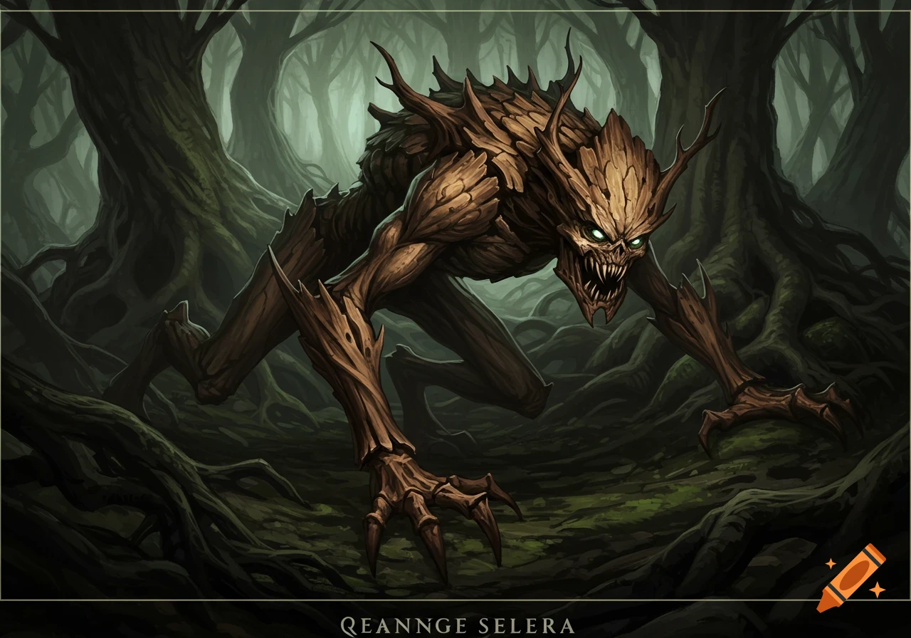 A crawler creature with bark skin in a dark, eerie forest.