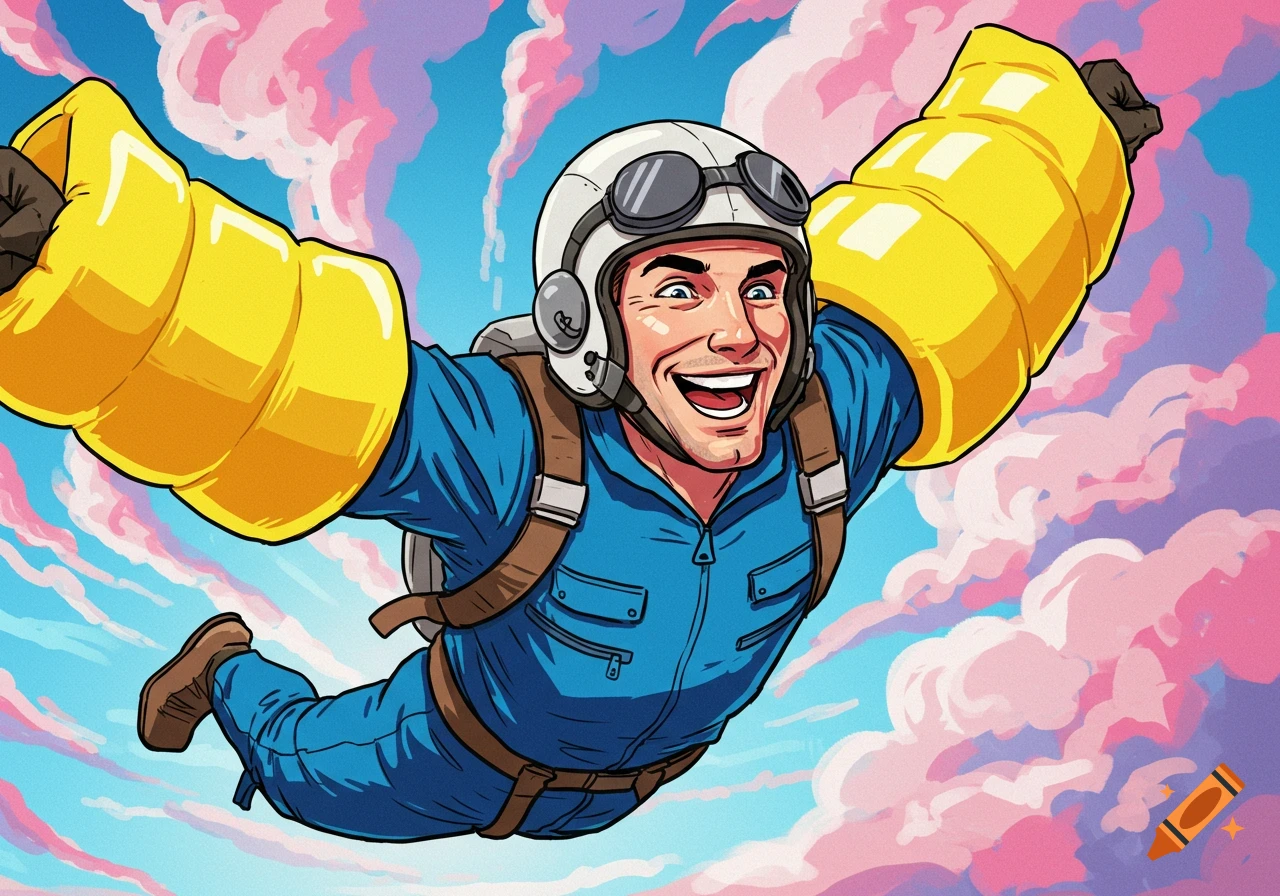 Cartoon illustration of a man in a flight suit and arm floaties skydiving through pink clouds