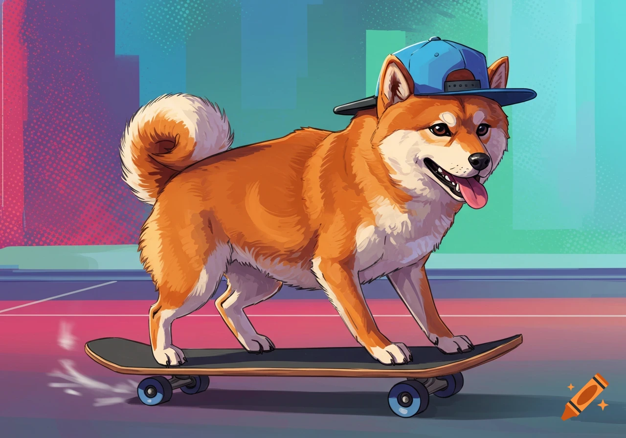 A Shiba Inu dog wearing a blue backwards hat rides a skateboard.