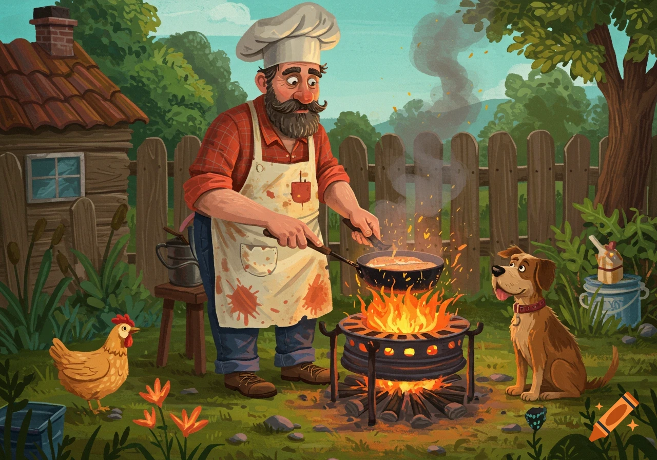 A man in a chef hat and apron is cooking over a fire pit, with a dog and chicken watching nearby.