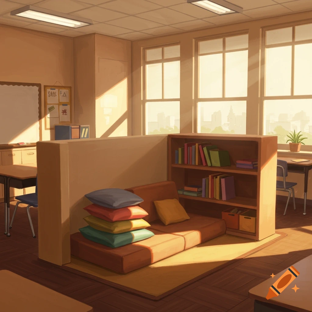 An illustration of a classroom reading nook with a couch, colorful pillows, and a bookshelf in sunlight.