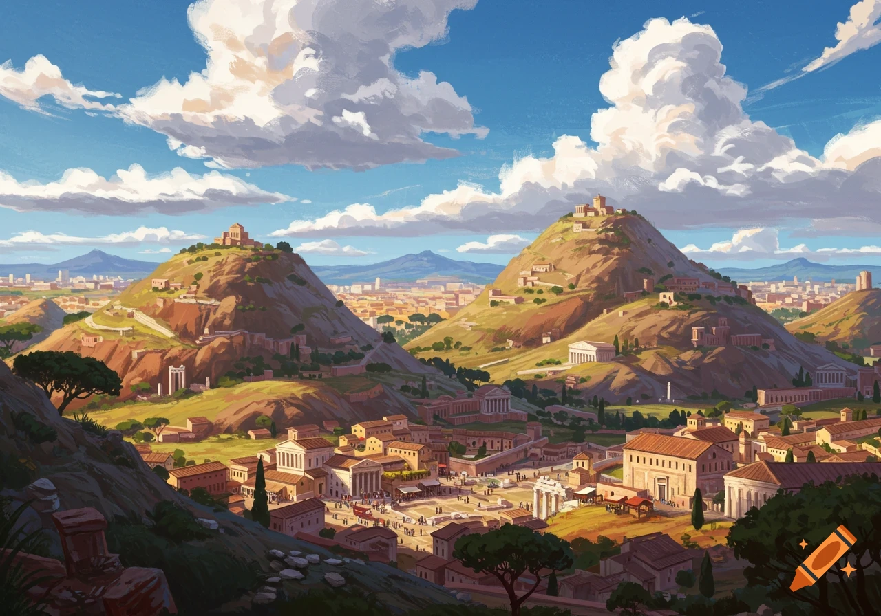 An ancient city nestled between two large hills, with temples and buildings spread across the landscape under a cloudy sky.