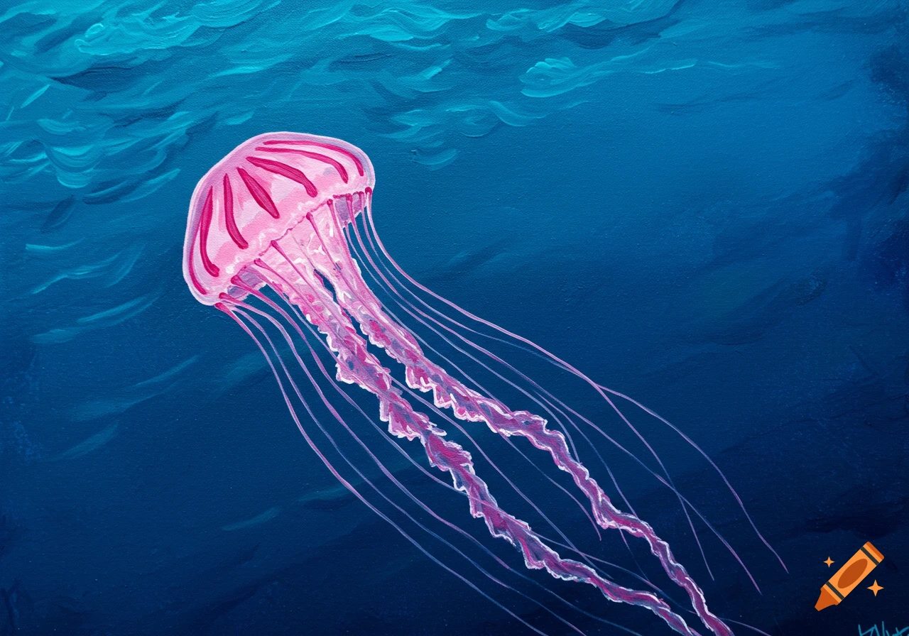 Painting of a pink jellyfish swimming in deep blue water.
