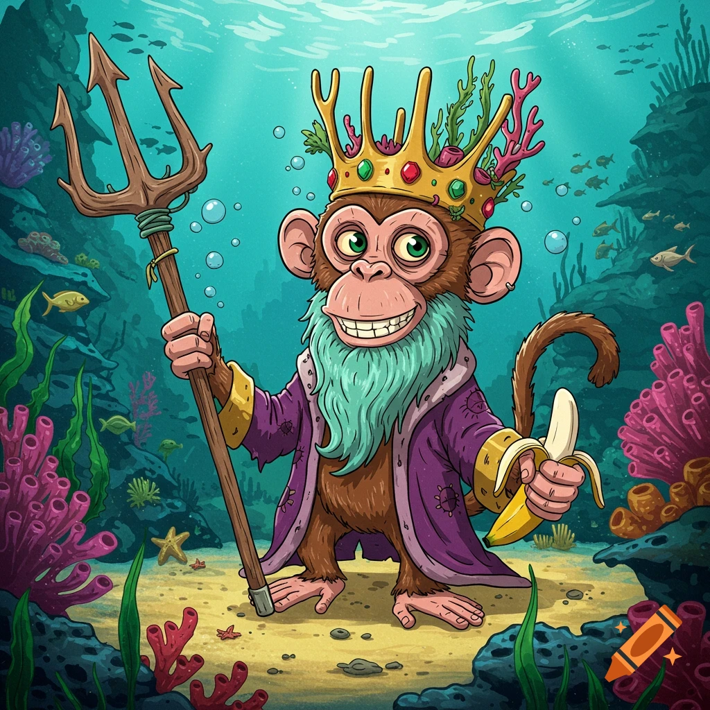 Cartoon monkey dressed as King Neptune holding trident and banana underwater.