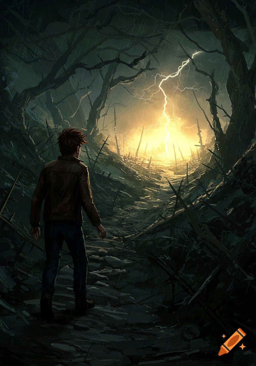 A figure walks toward lightning on a dark, stormy, thorny path.