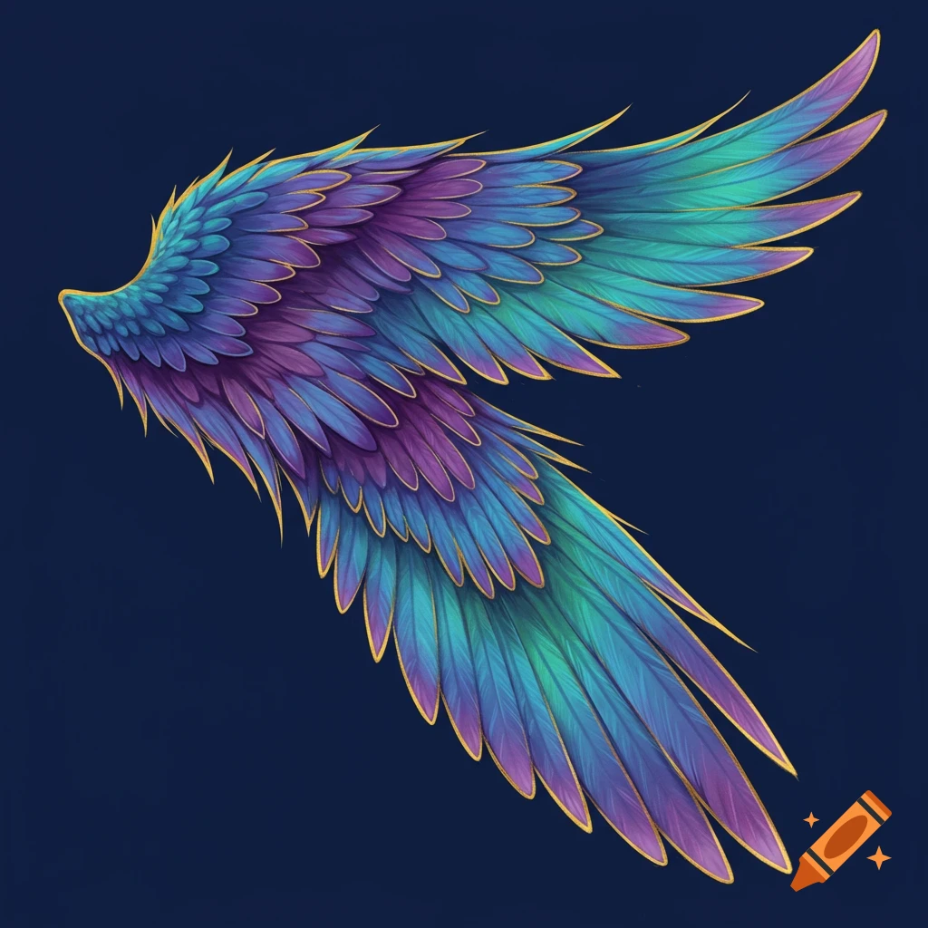 Stylized digital painting of colorful wings with gold details.