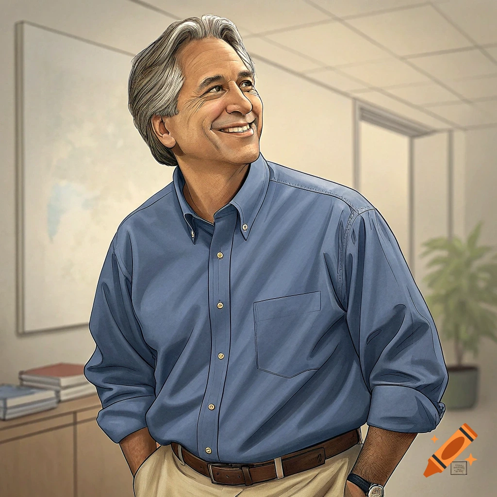 Illustration of a smiling man in a blue shirt and khakis standing in an office.