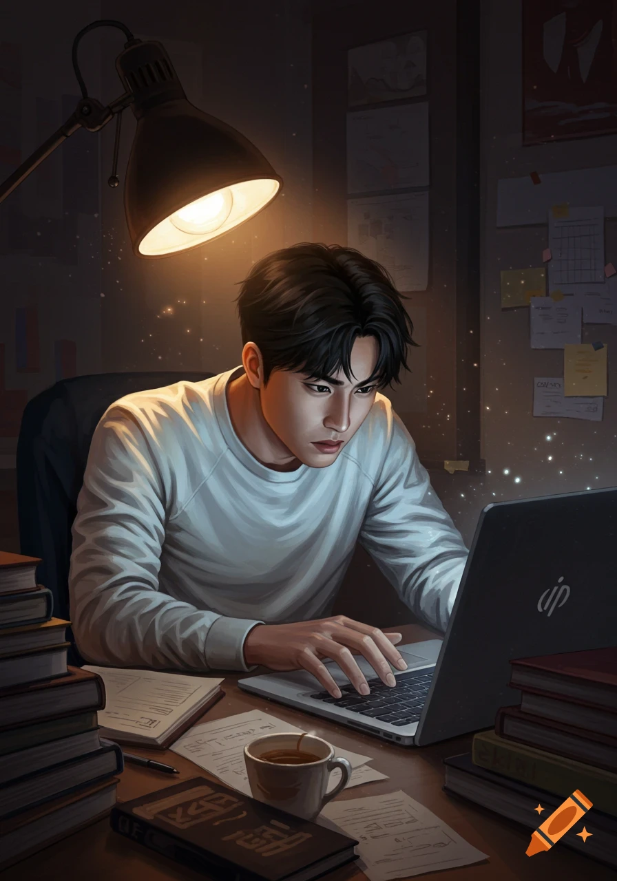 Illustration of a man working on a laptop at a desk with books and papers under a lamp.