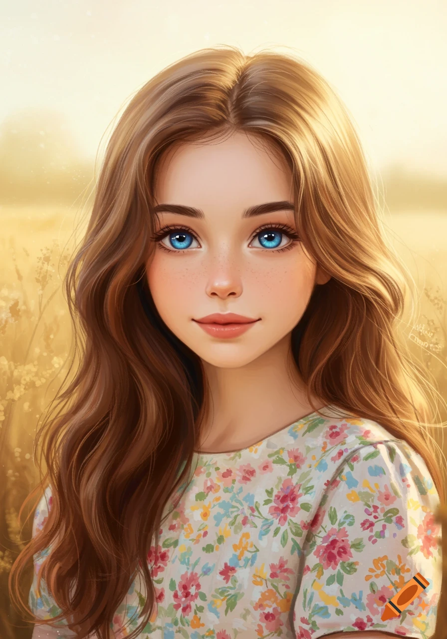 A young girl with brown hair and blue eyes in a floral top standing in a field.