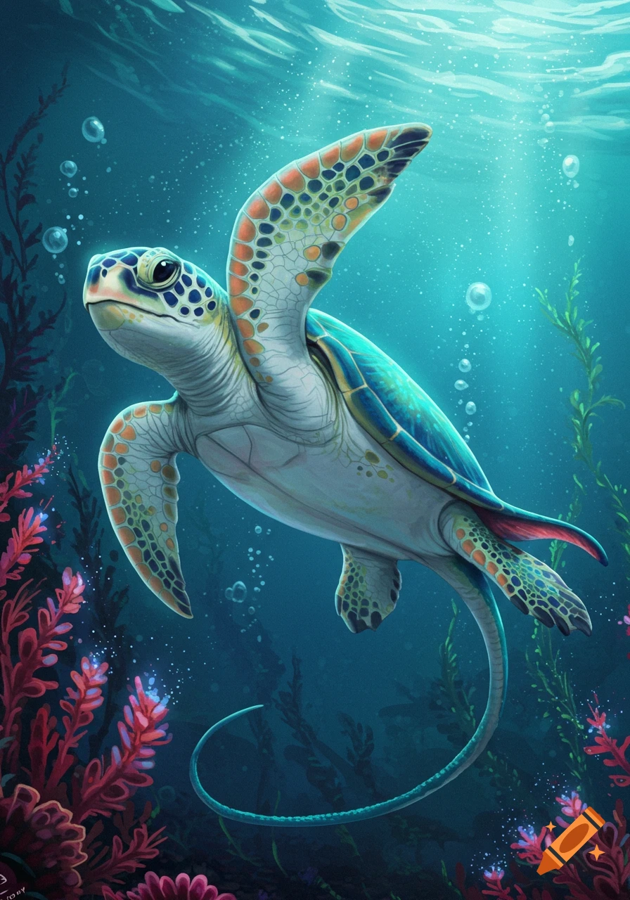 An illustration of a sea turtle swimming underwater near red and green plants.