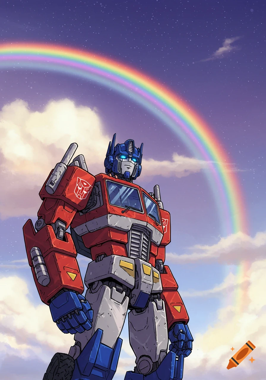 Optimus Prime standing under a rainbow