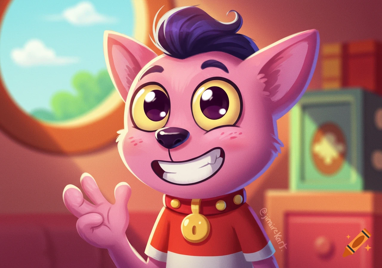 Cartoon pink cat character waving and smiling in a room.