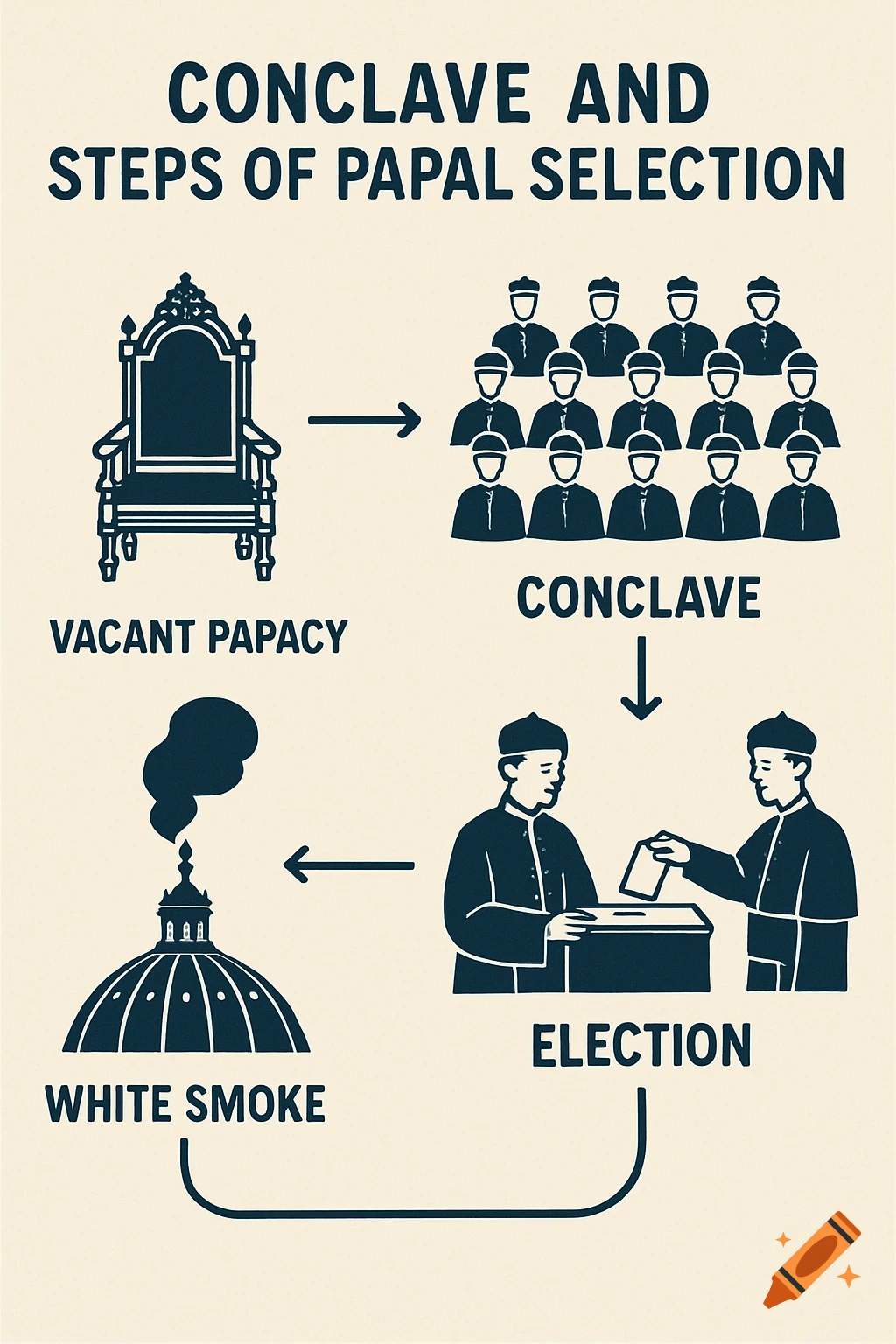 Diagram illustrating the steps of papal selection, including a vacant throne, the conclave, election, and white smoke.