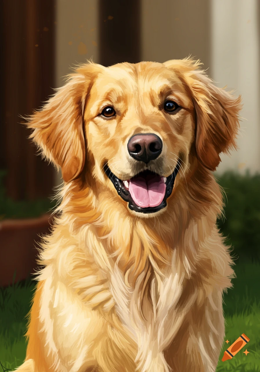 Digital illustration of a smiling golden retriever dog