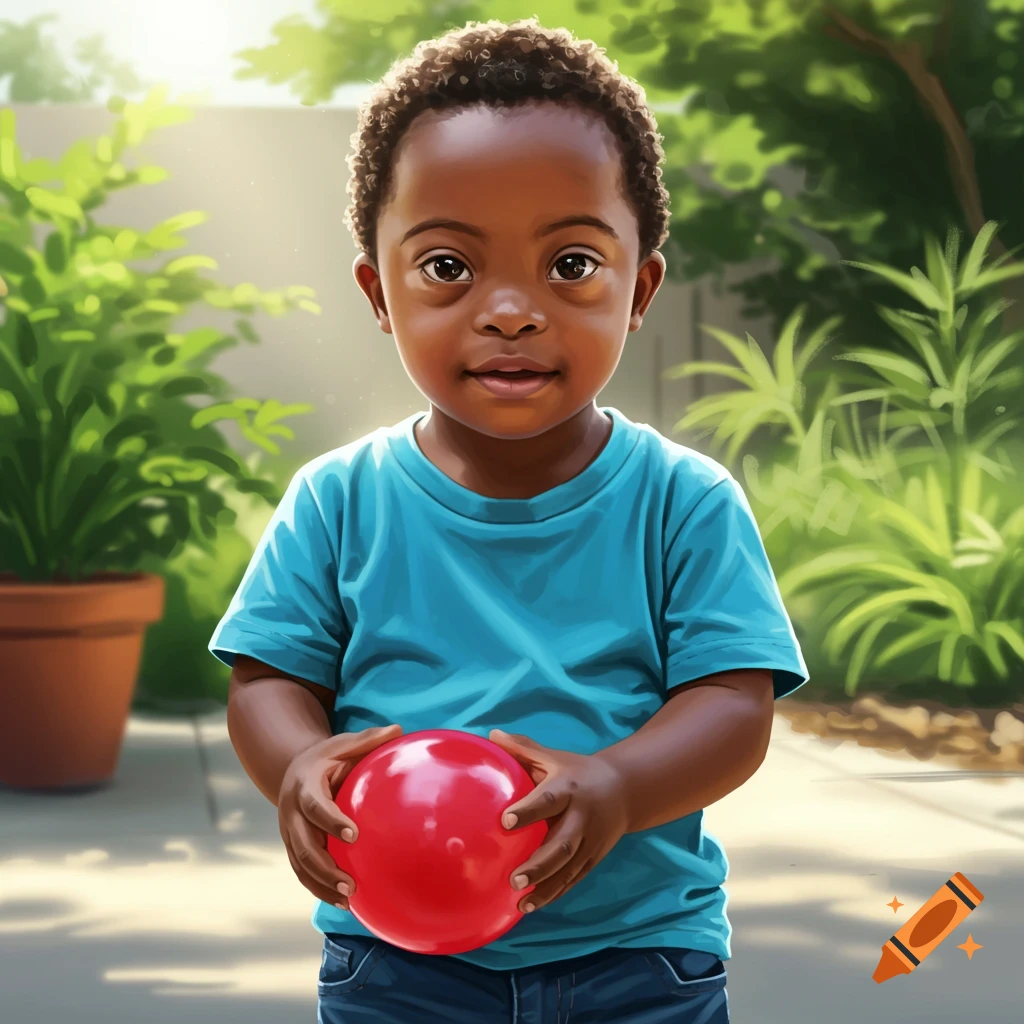 A digital painting of a child holding a red ball in a sunny backyard.
