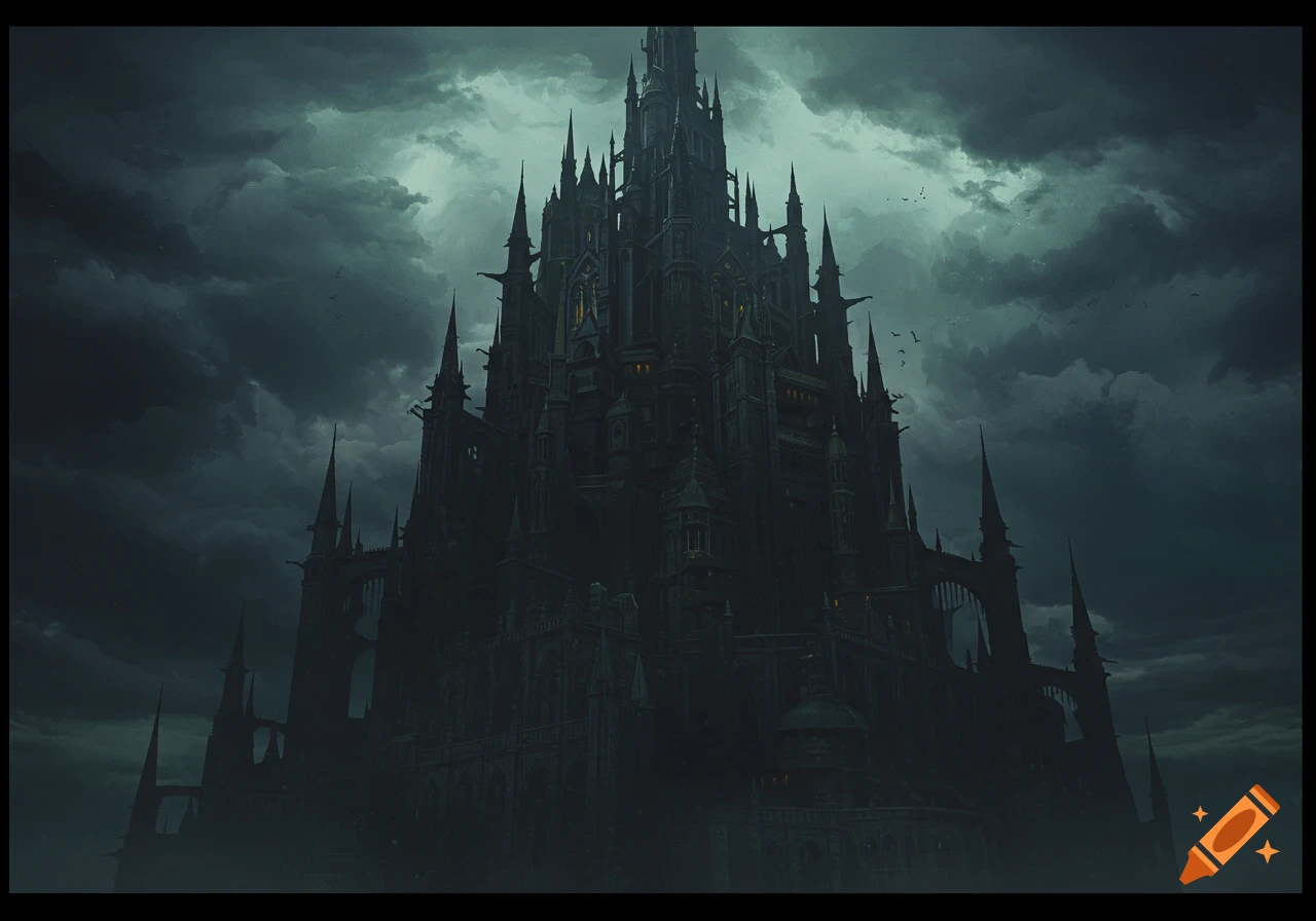 A dark and foreboding gothic fantasy castle stands against a stormy, cloudy sky.