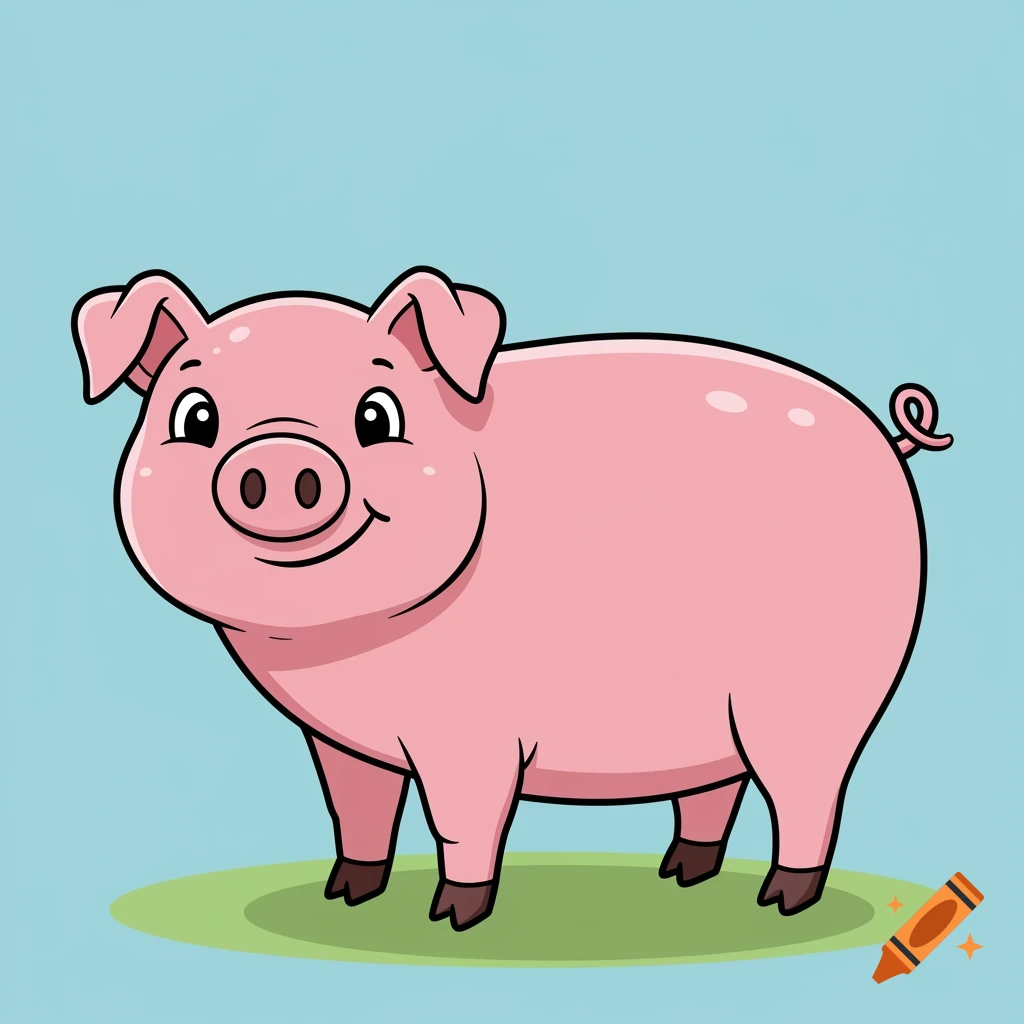 Cute cartoon pink pig standing on grass
