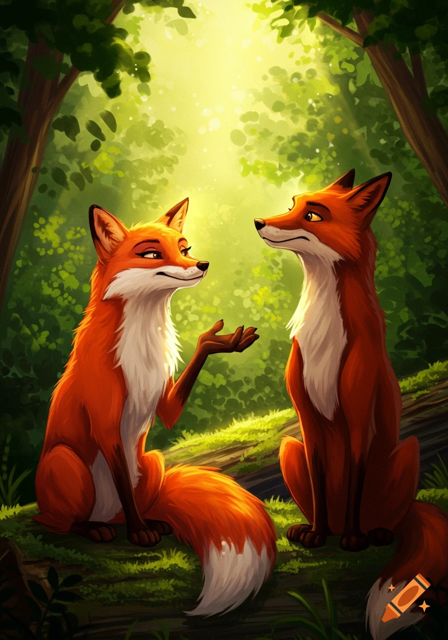Two cartoon foxes sit on a log in a sunny forest clearing.