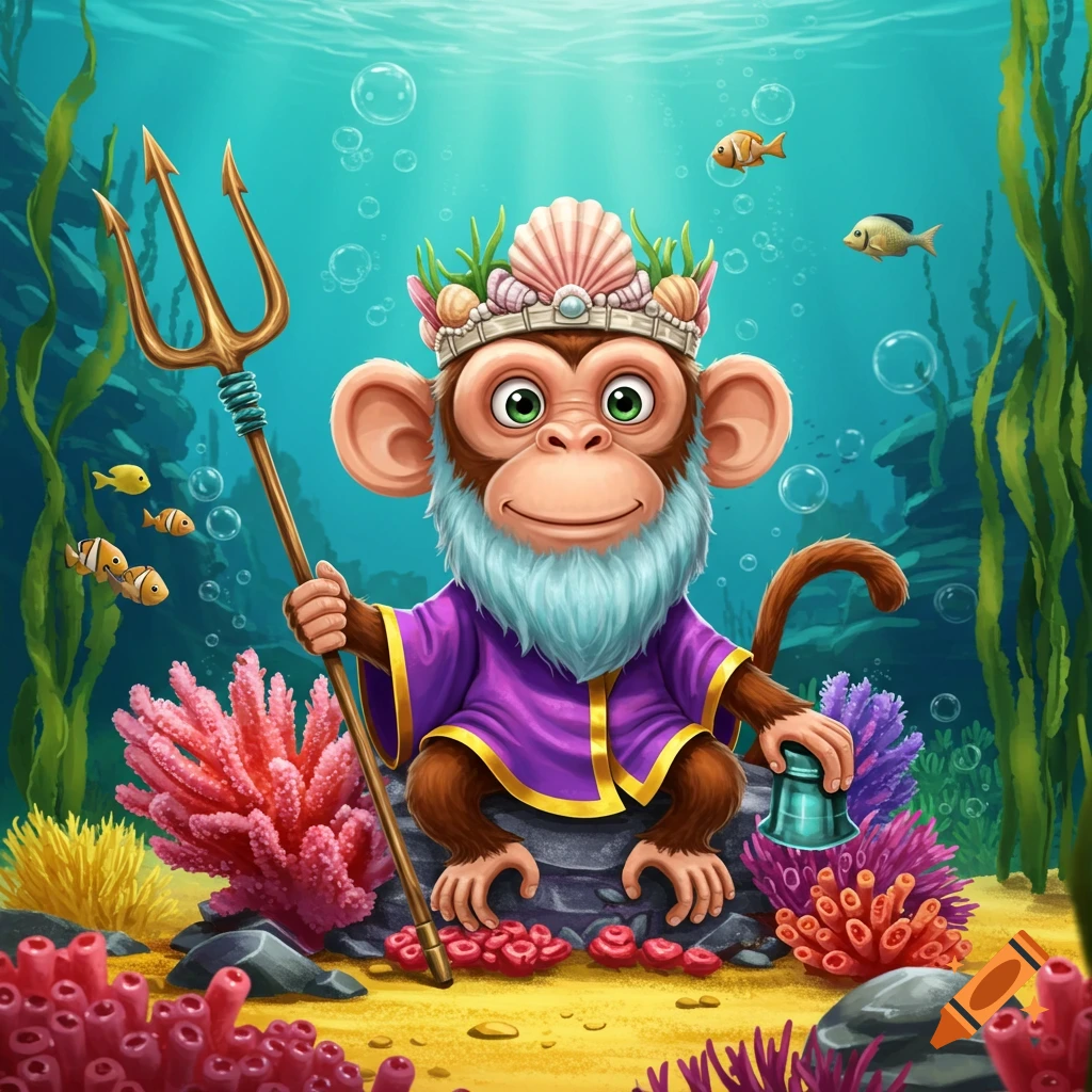 Cartoon monkey dressed as King Neptune holding a trident underwater with fish and coral.