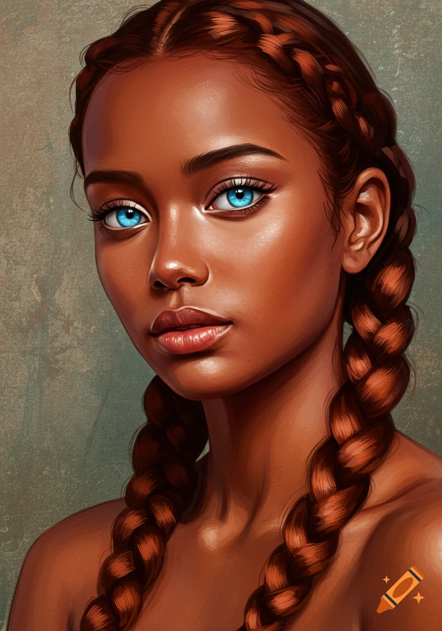 Digital painting portrait of a woman with blue eyes and auburn braids