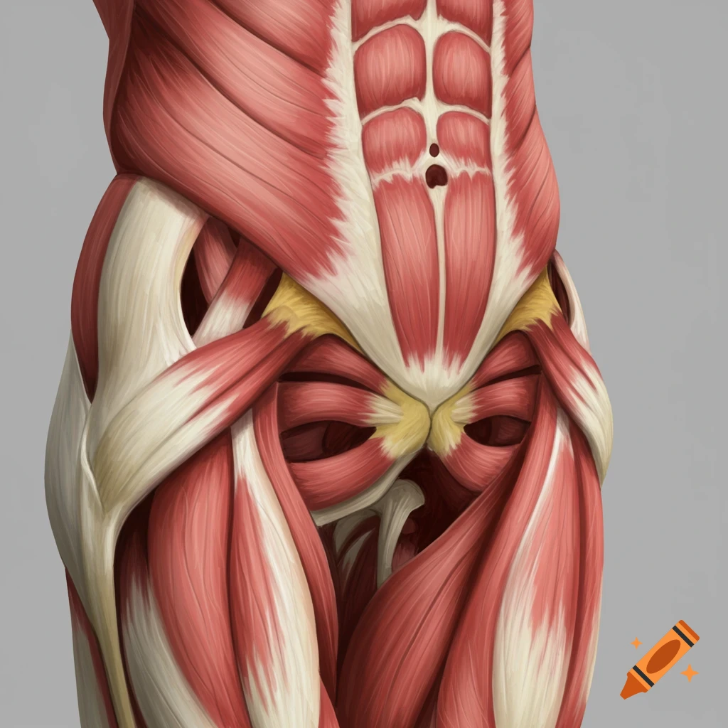 Anatomical illustration showing muscles of the abdomen and upper legs.