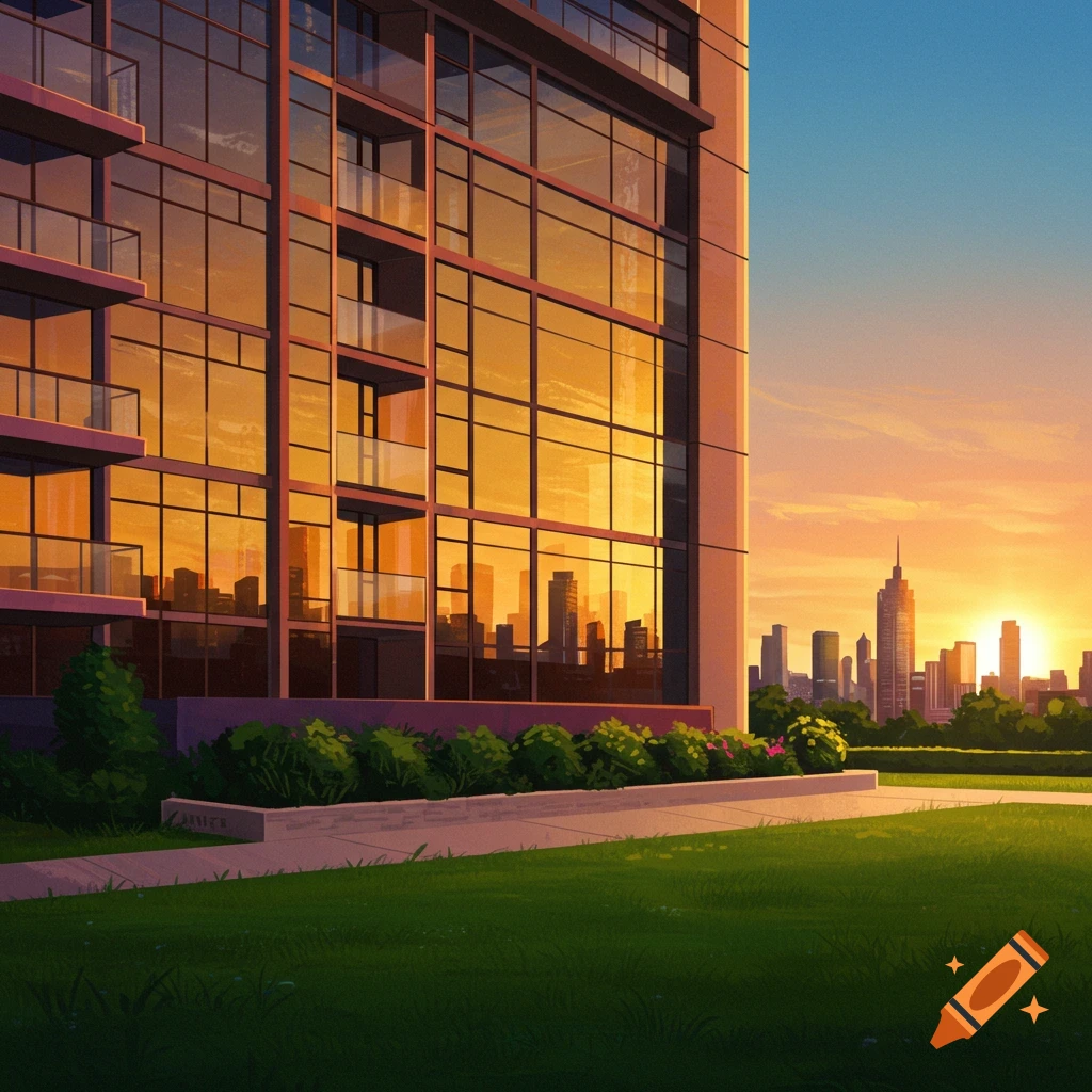 A modern glass building reflects a sunset over a city skyline, with a grassy park in the foreground.
