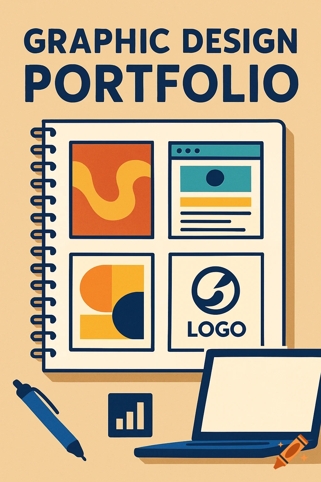 An illustration of a graphic design portfolio notebook with four example pieces, a pen, a laptop, and an icon.