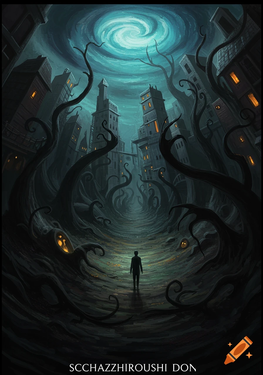 A figure stands in a dark, distorted city street filled with tentacles under a swirling sky.