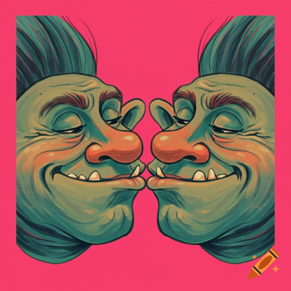 Illustration of two cartoon troll faces kissing on a pink background.