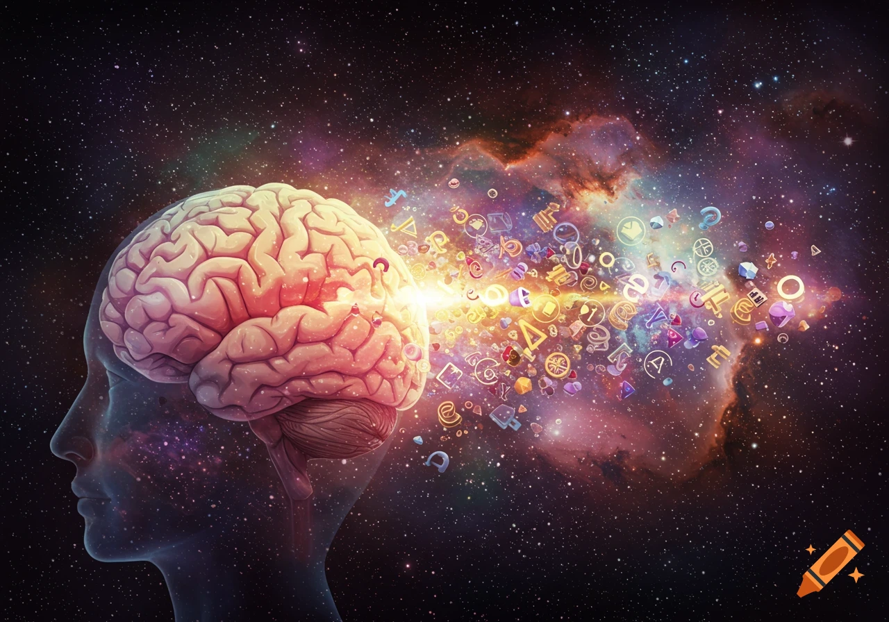A translucent head profile in space, showing a glowing brain emitting a stream of symbols and light into a colorful nebula.