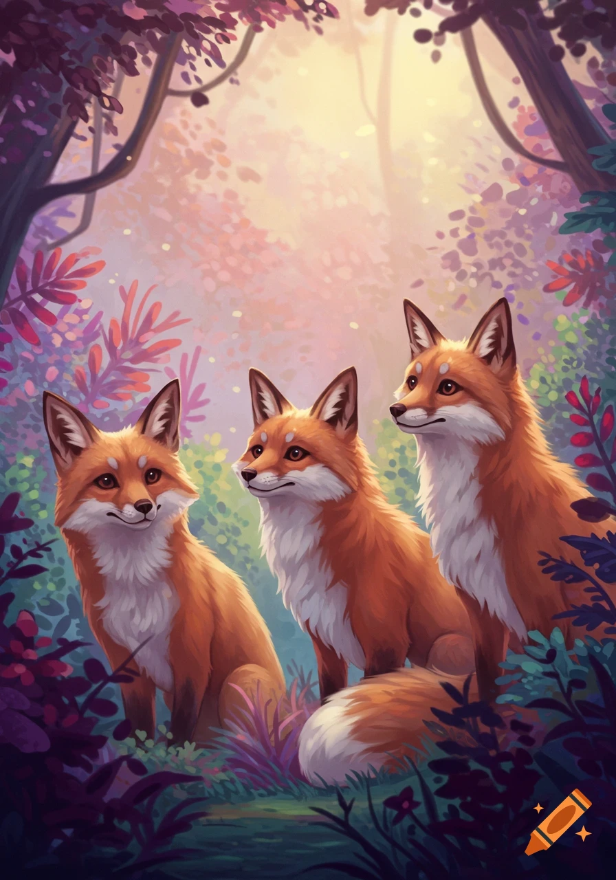 Three red foxes are sitting in a stylized forest.