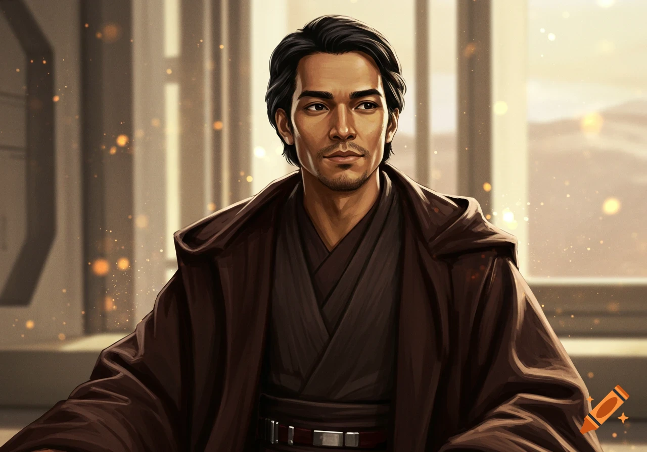 Digital illustration of a man in dark brown robes, like a Jedi.