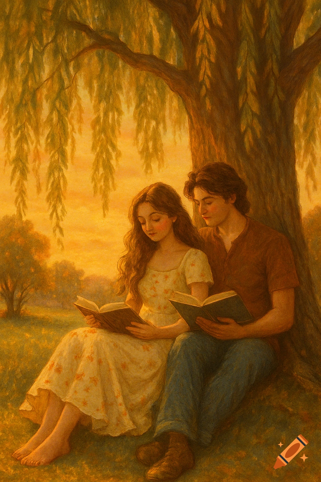 Painting of a couple reading books under a weeping willow tree at golden hour.