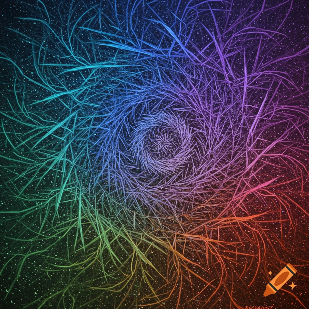 A swirling pattern of thin, colored lines in a rainbow gradient against a dark background with speckles.