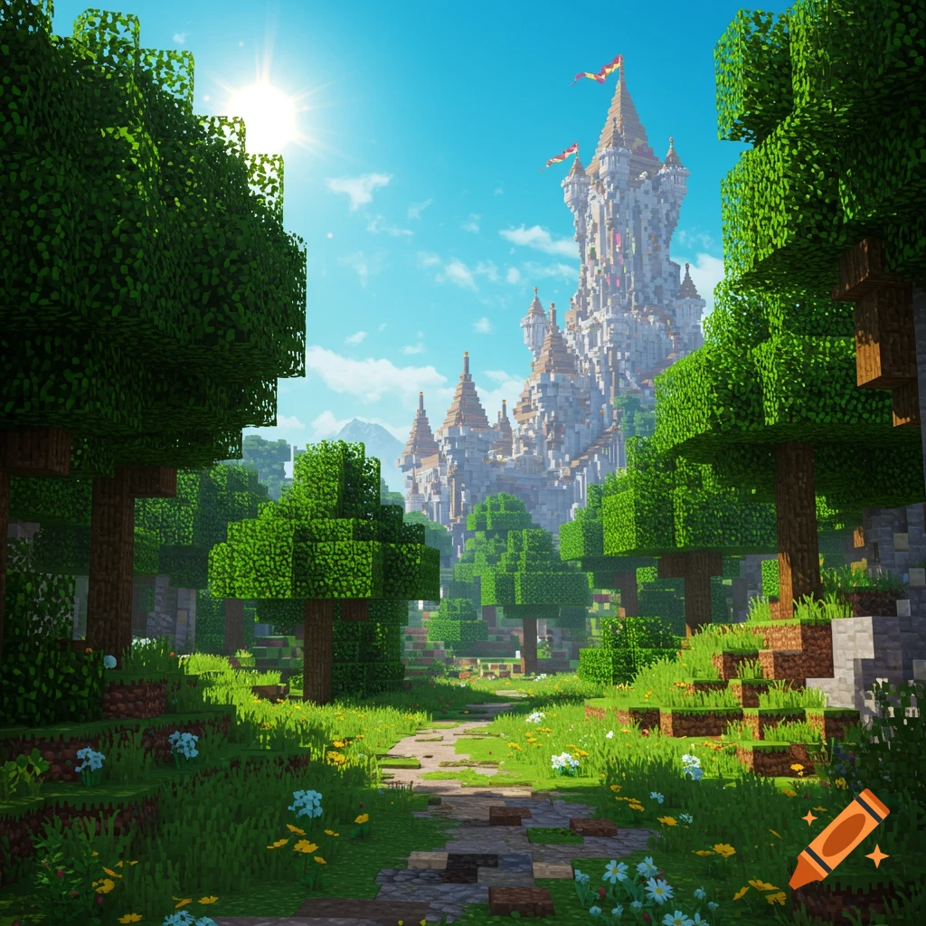 A blocky, pixelated landscape with a path leading through trees towards a large castle under a sunny sky, in the style of Minecraft.