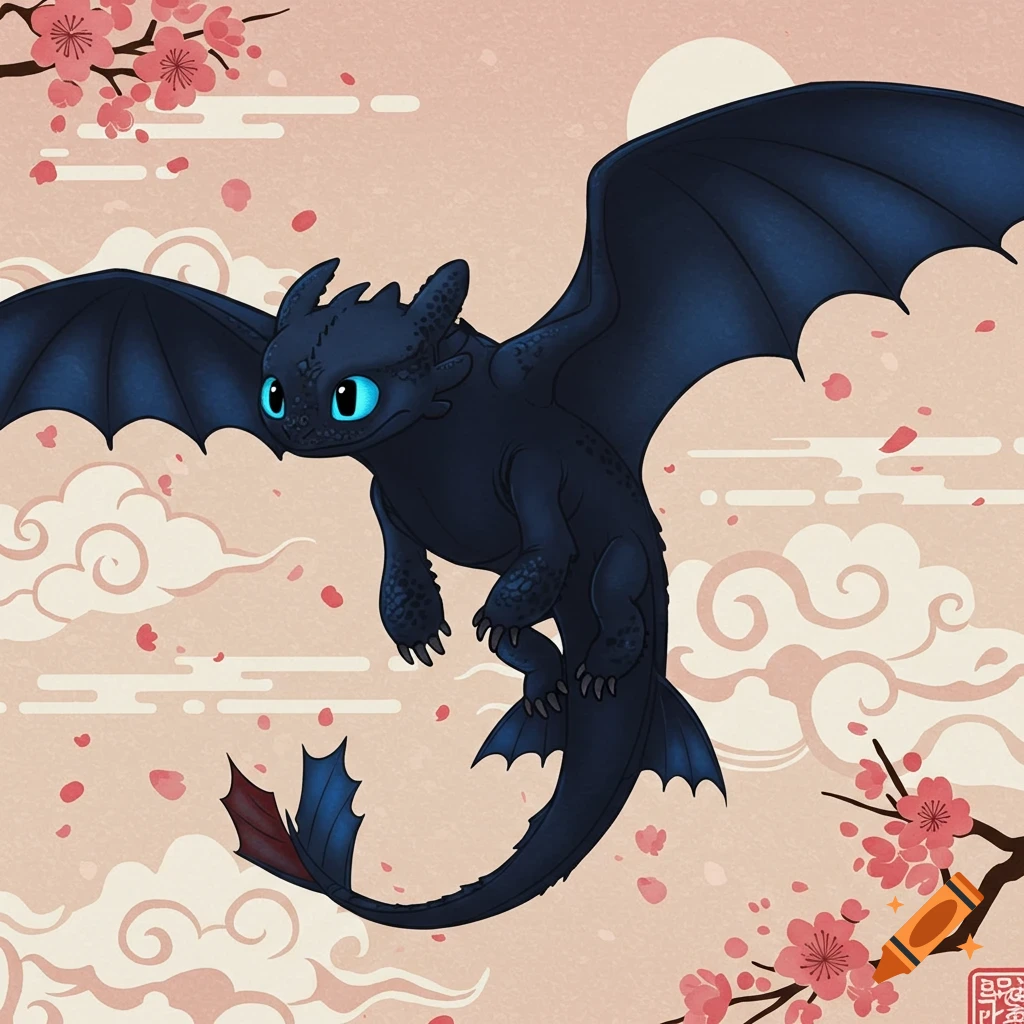 Cartoon black dragon flying among cherry blossoms and clouds in Japanese art style.