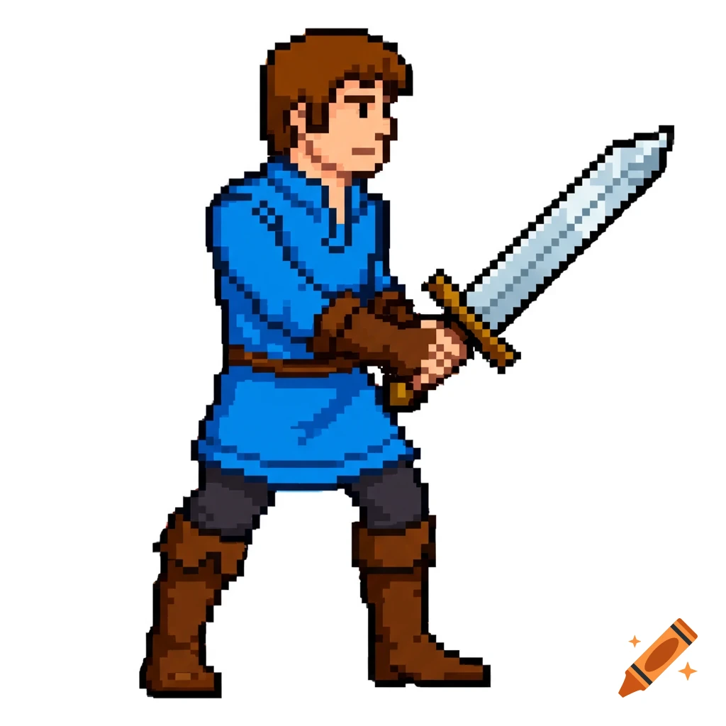 Pixel art sprite of a fantasy adventurer holding a sword.