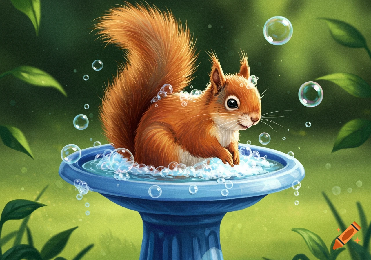 Digital painting of a cute squirrel bathing in a bird bath with bubbles in a garden.