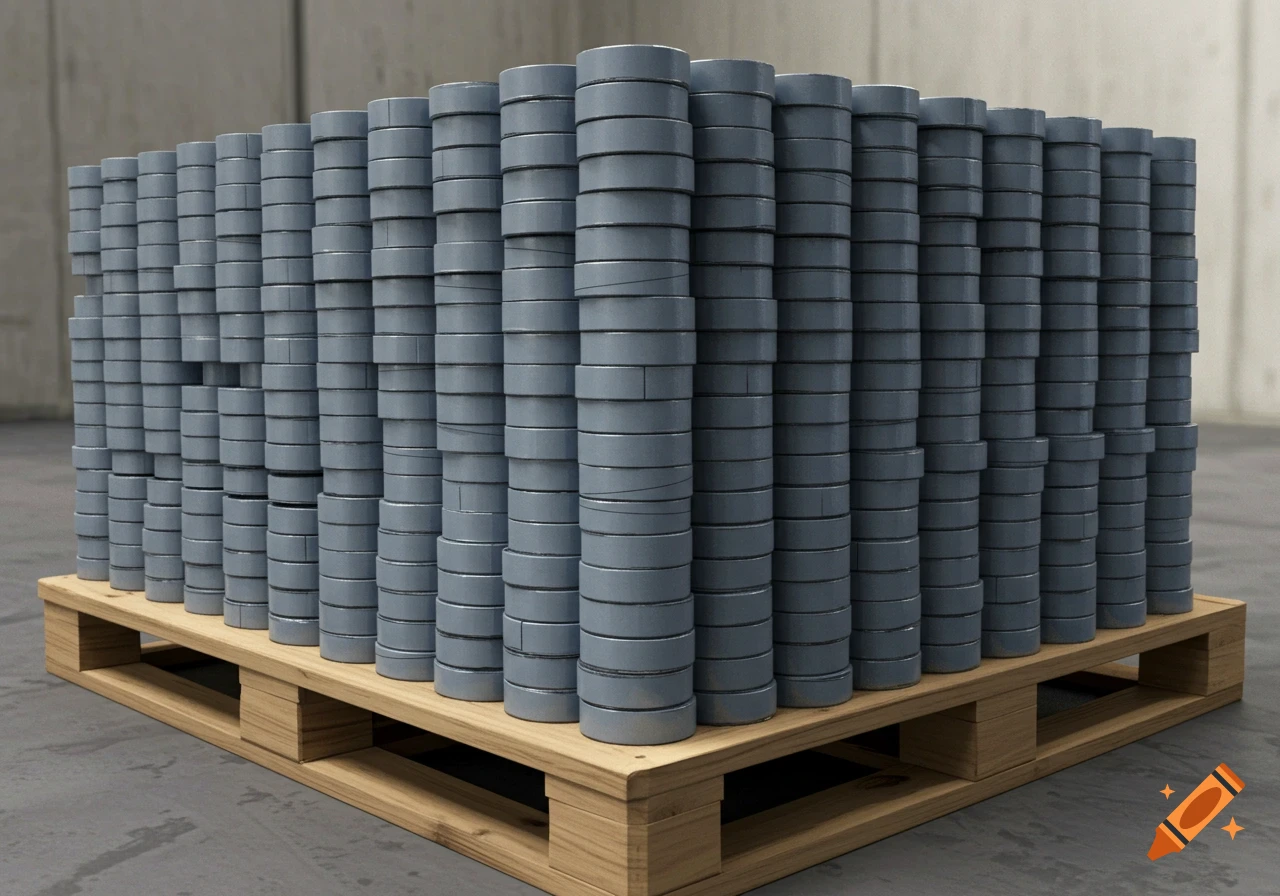 Stacked grey cylindrical rolls on a wooden pallet in a warehouse.