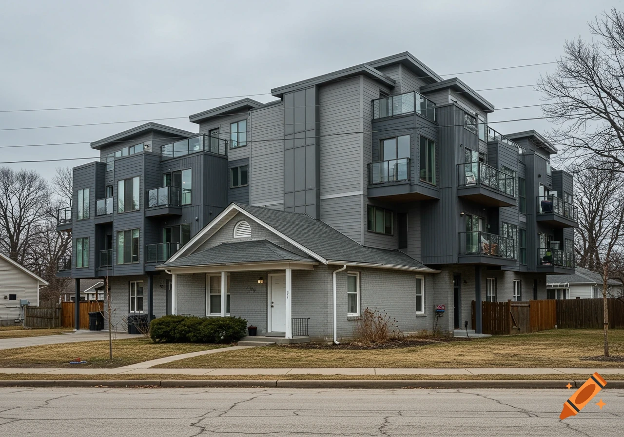 A photorealistic image of a small gray brick ranch house with a larger gray condo building built over and around it.