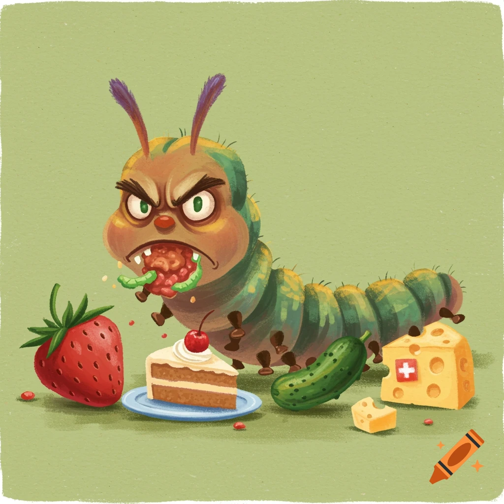 A grumpy cartoon caterpillar eats strawberries, cake, pickle, and ...