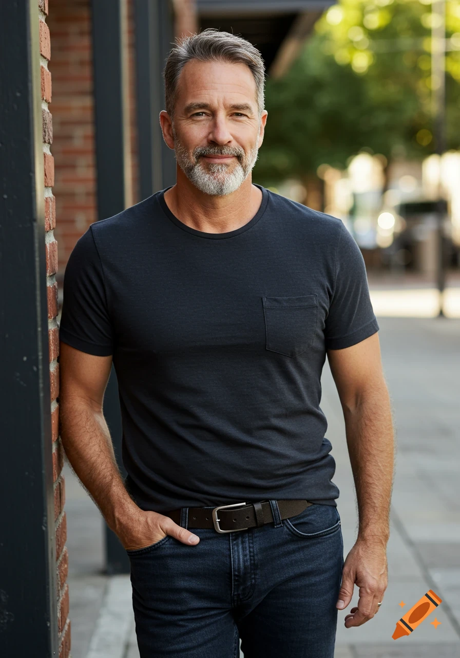 Middle-aged man with beard leaning against a brick wall outdoors