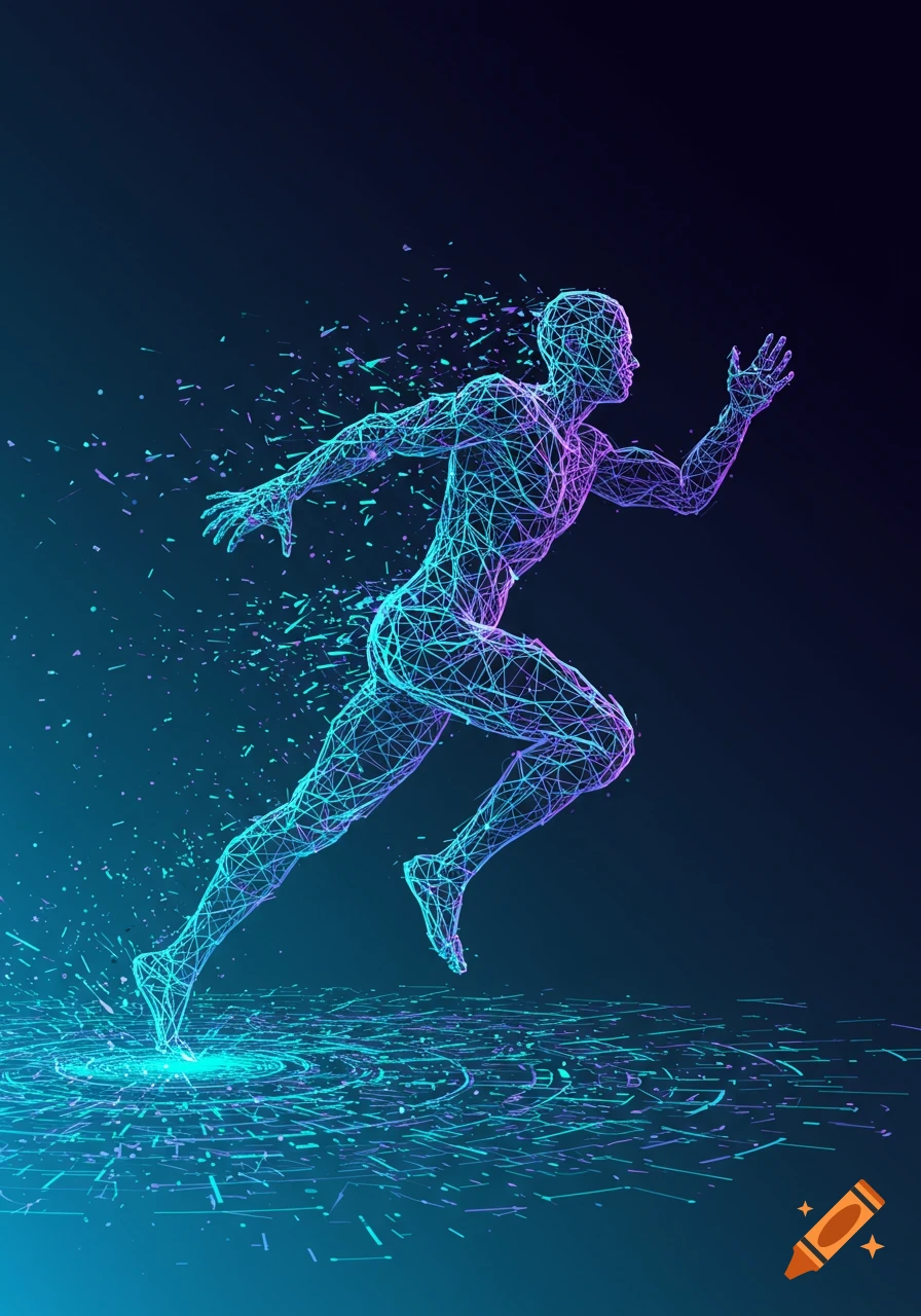 Digital illustration of a wireframe figure running