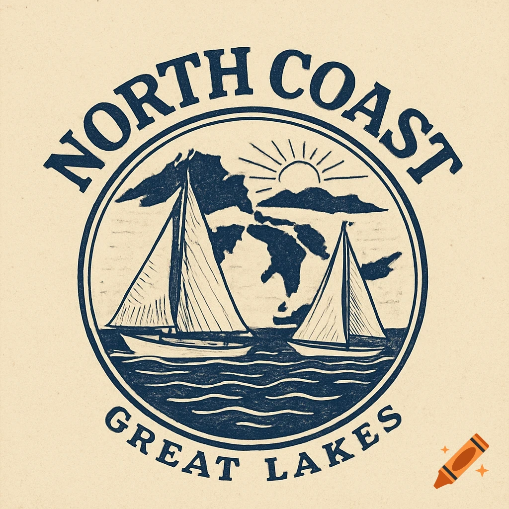 Vintage style logo with sailboats, a map, and text "North Coast Great Lakes".