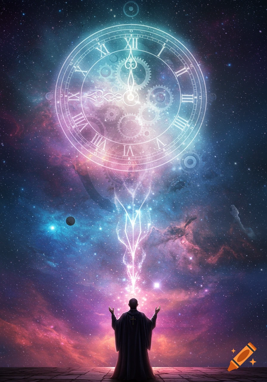 A person in robes faces a large ethereal clock and glowing energy in a colorful cosmic sky.