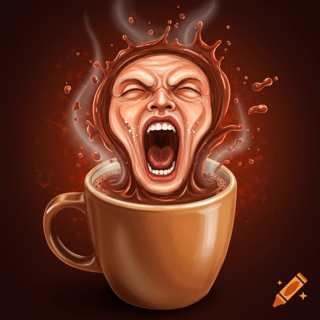 Digital illustration of a screaming face emerging from a steaming coffee mug with splashes.